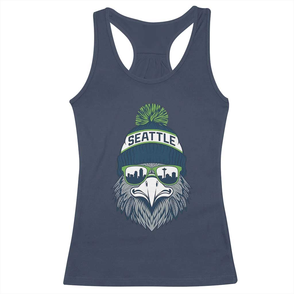 Cool Hawk with Beanie Sunglasses Sports Graphic Racerback Tank Top Seattle City Skyline Pride Game Day Sports Fan