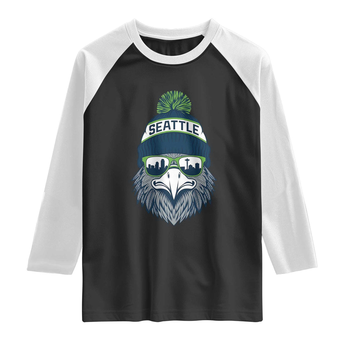 Cool Hawk with Beanie Sunglasses Sports Graphic Raglan Shirt Seattle City Skyline Pride Game Day Sports Fan