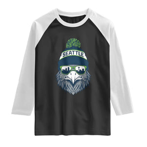 Cool Hawk with Beanie Sunglasses Sports Graphic Raglan Shirt Seattle City Skyline Pride Game Day Sports Fan