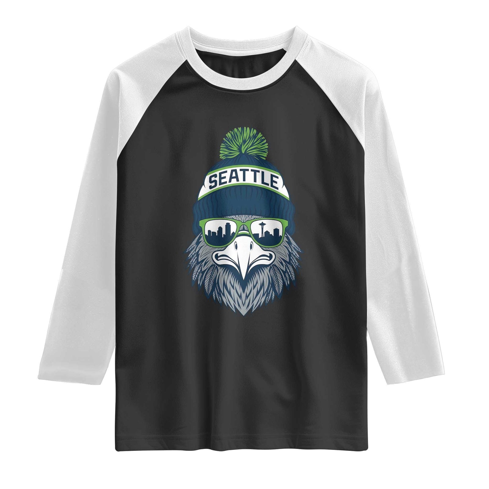 Cool Hawk with Beanie Sunglasses Sports Graphic Raglan Shirt Seattle City Skyline Pride Game Day Sports Fan TS02 Black White Print Your Wear