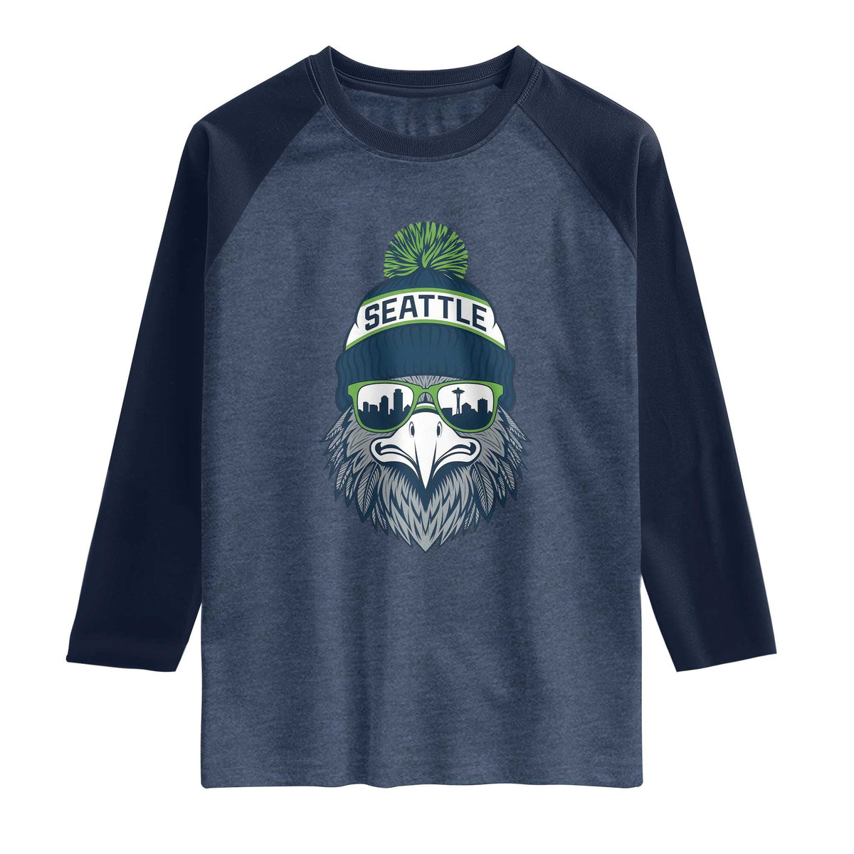 Cool Hawk with Beanie Sunglasses Sports Graphic Raglan Shirt Seattle City Skyline Pride Game Day Sports Fan