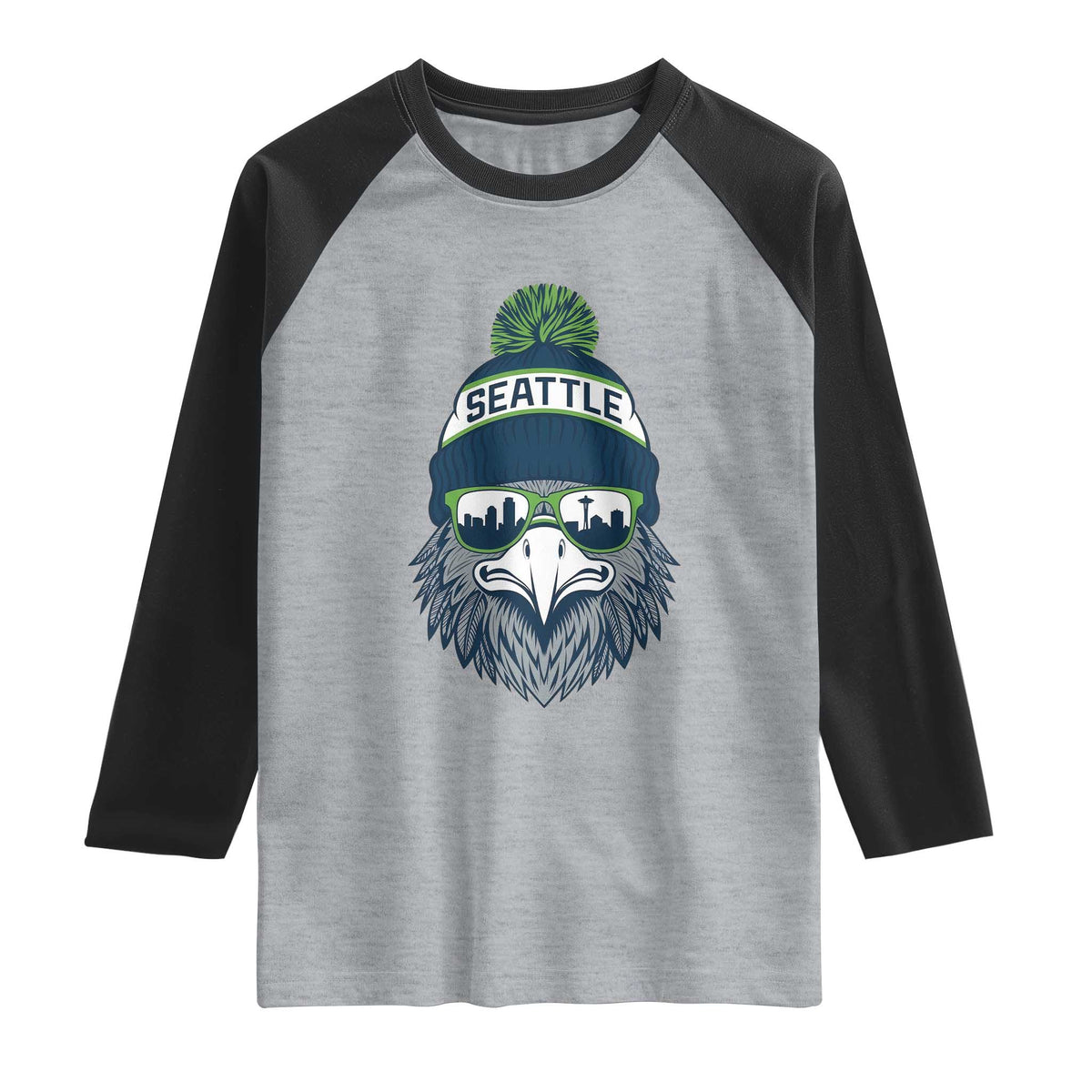 Cool Hawk with Beanie Sunglasses Sports Graphic Raglan Shirt Seattle City Skyline Pride Game Day Sports Fan
