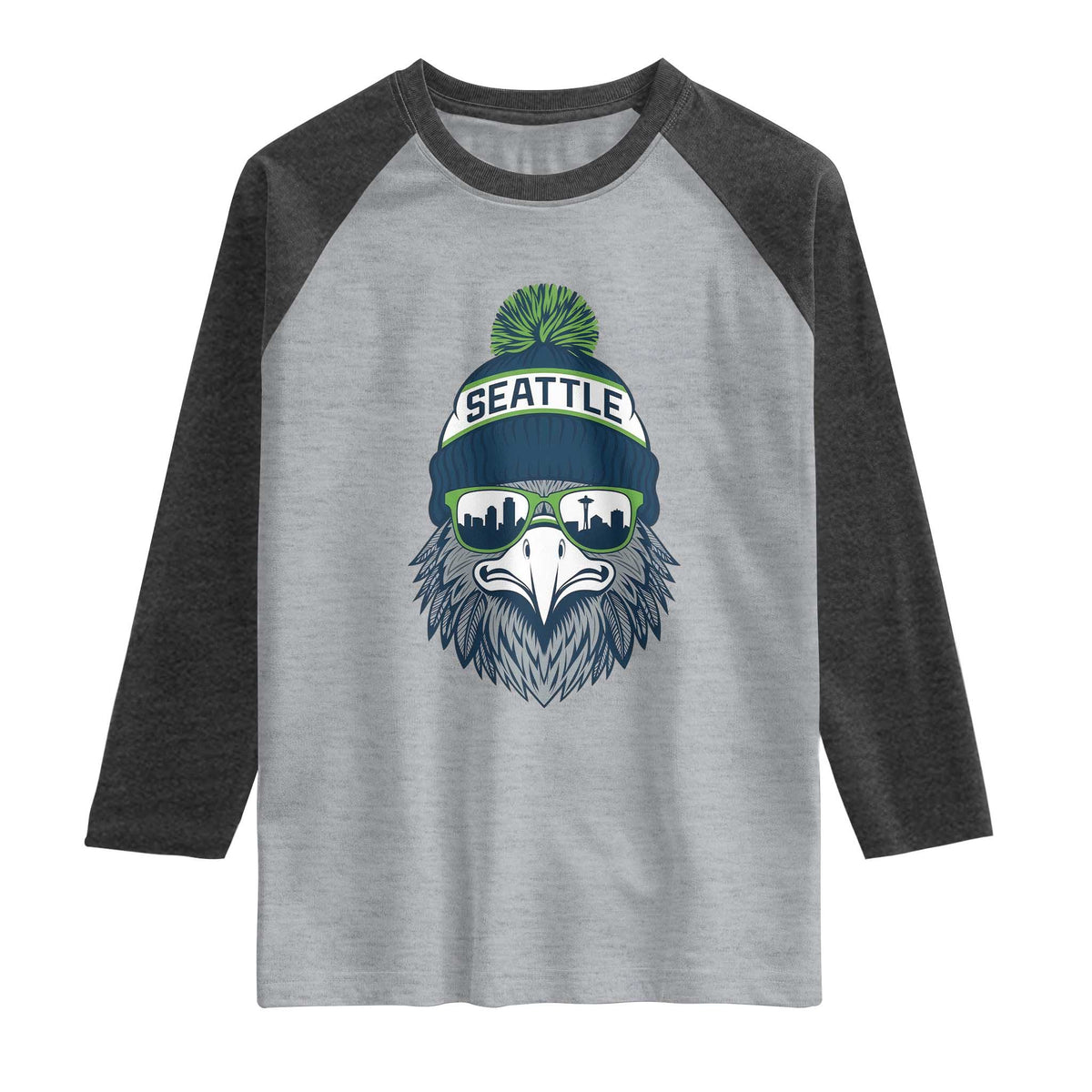 Cool Hawk with Beanie Sunglasses Sports Graphic Raglan Shirt Seattle City Skyline Pride Game Day Sports Fan