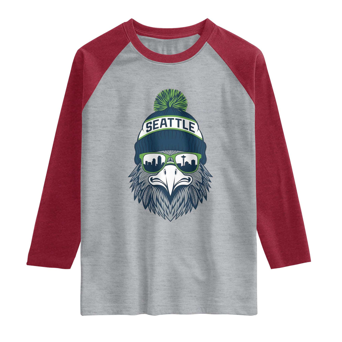 Cool Hawk with Beanie Sunglasses Sports Graphic Raglan Shirt Seattle City Skyline Pride Game Day Sports Fan