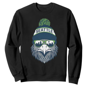 Cool Hawk with Beanie Sunglasses Sports Graphic Sweatshirt Seattle City Skyline Pride Game Day Sports Fan