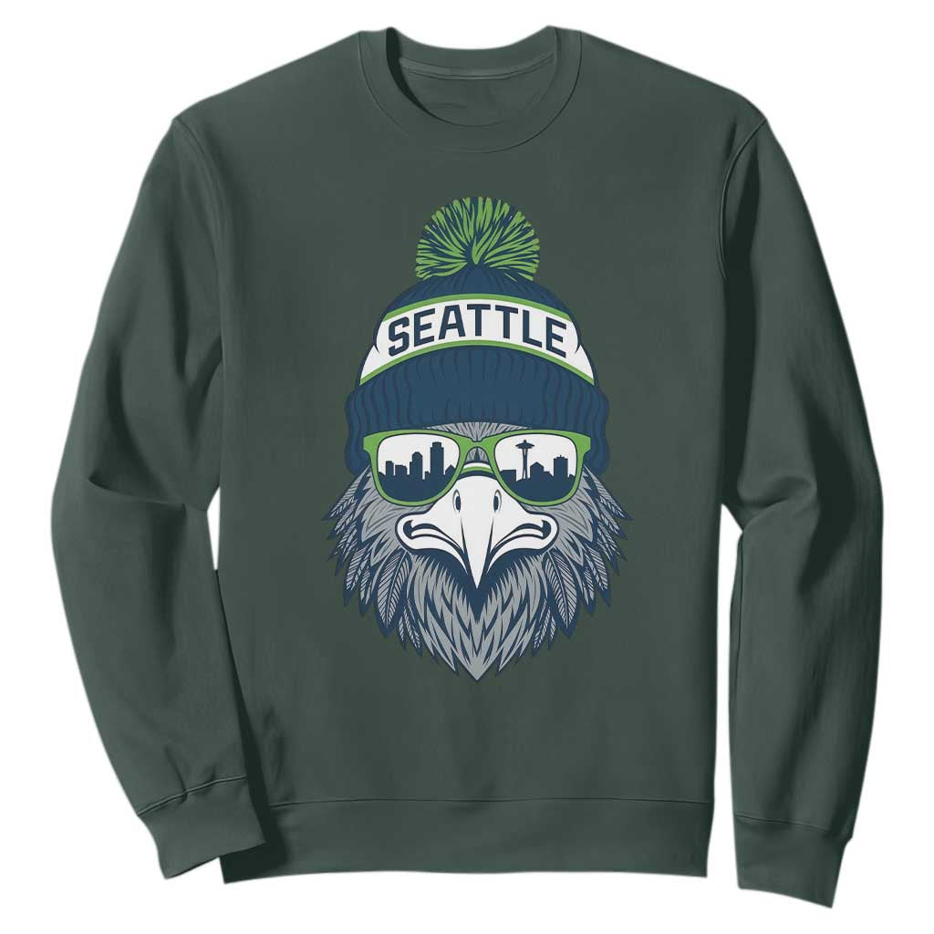 Cool Hawk with Beanie Sunglasses Sports Graphic Sweatshirt Seattle City Skyline Pride Game Day Sports Fan