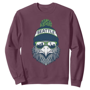 Cool Hawk with Beanie Sunglasses Sports Graphic Sweatshirt Seattle City Skyline Pride Game Day Sports Fan