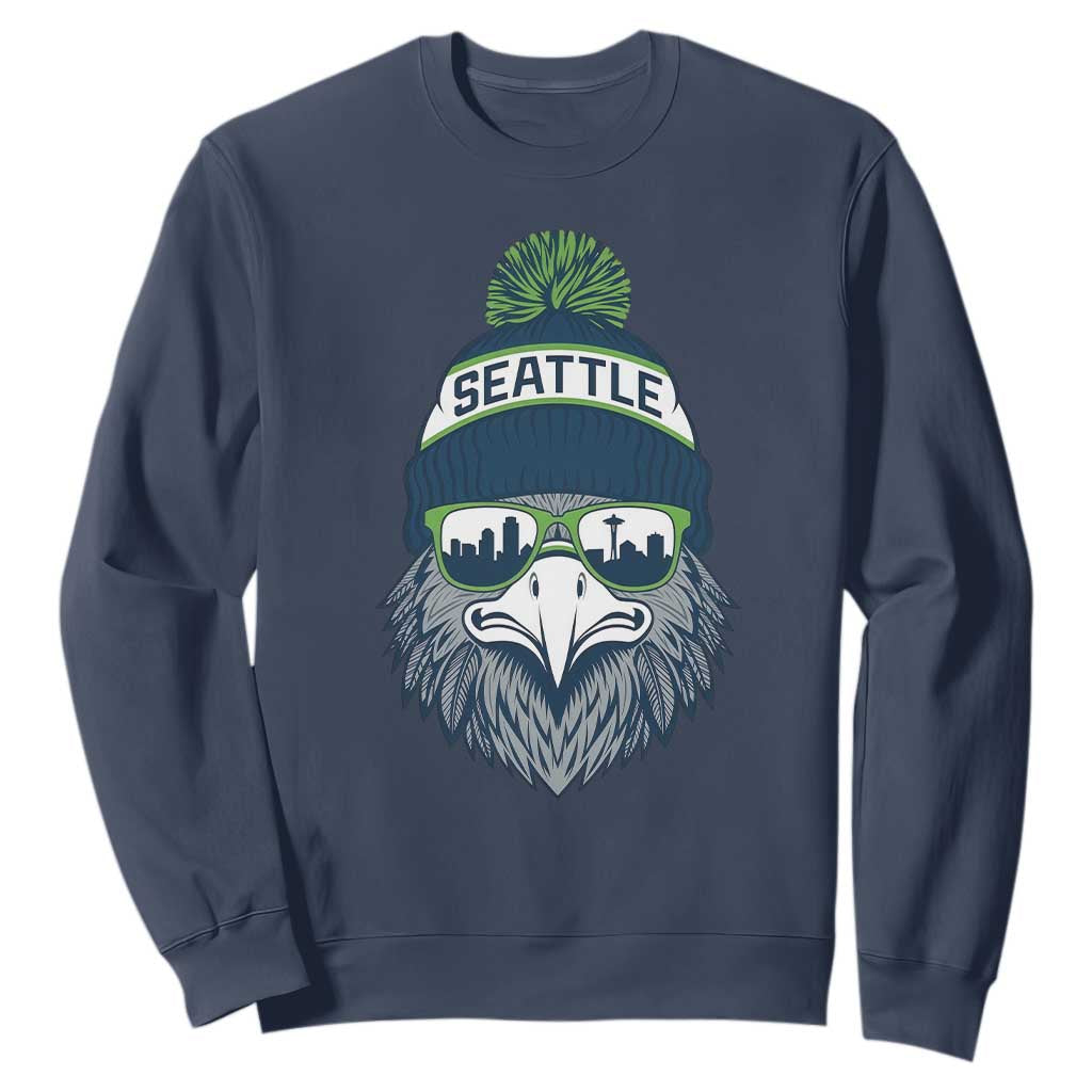 Cool Hawk with Beanie Sunglasses Sports Graphic Sweatshirt Seattle City Skyline Pride Game Day Sports Fan