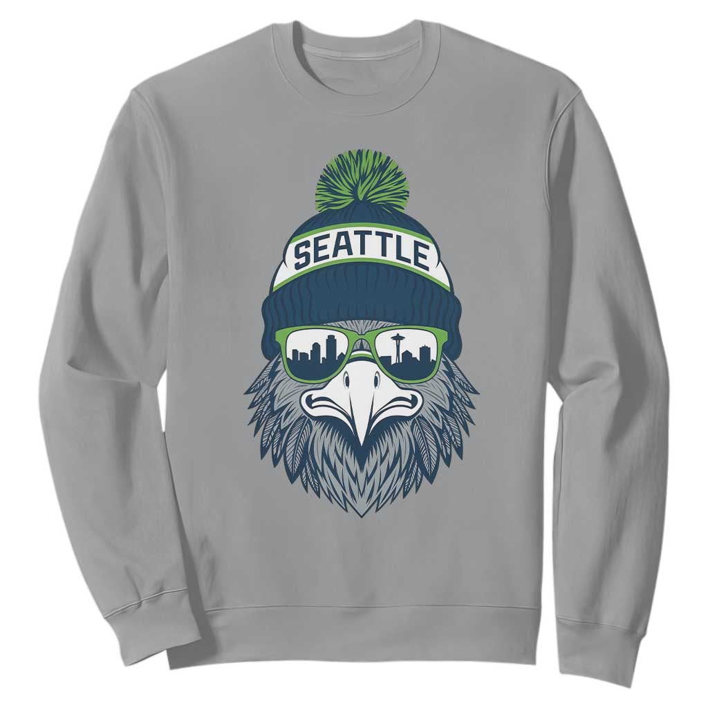 Cool Hawk with Beanie Sunglasses Sports Graphic Sweatshirt Seattle City Skyline Pride Game Day Sports Fan