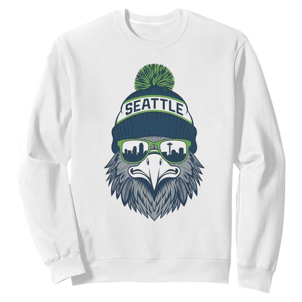 Cool Hawk with Beanie Sunglasses Sports Graphic Sweatshirt Seattle City Skyline Pride Game Day Sports Fan