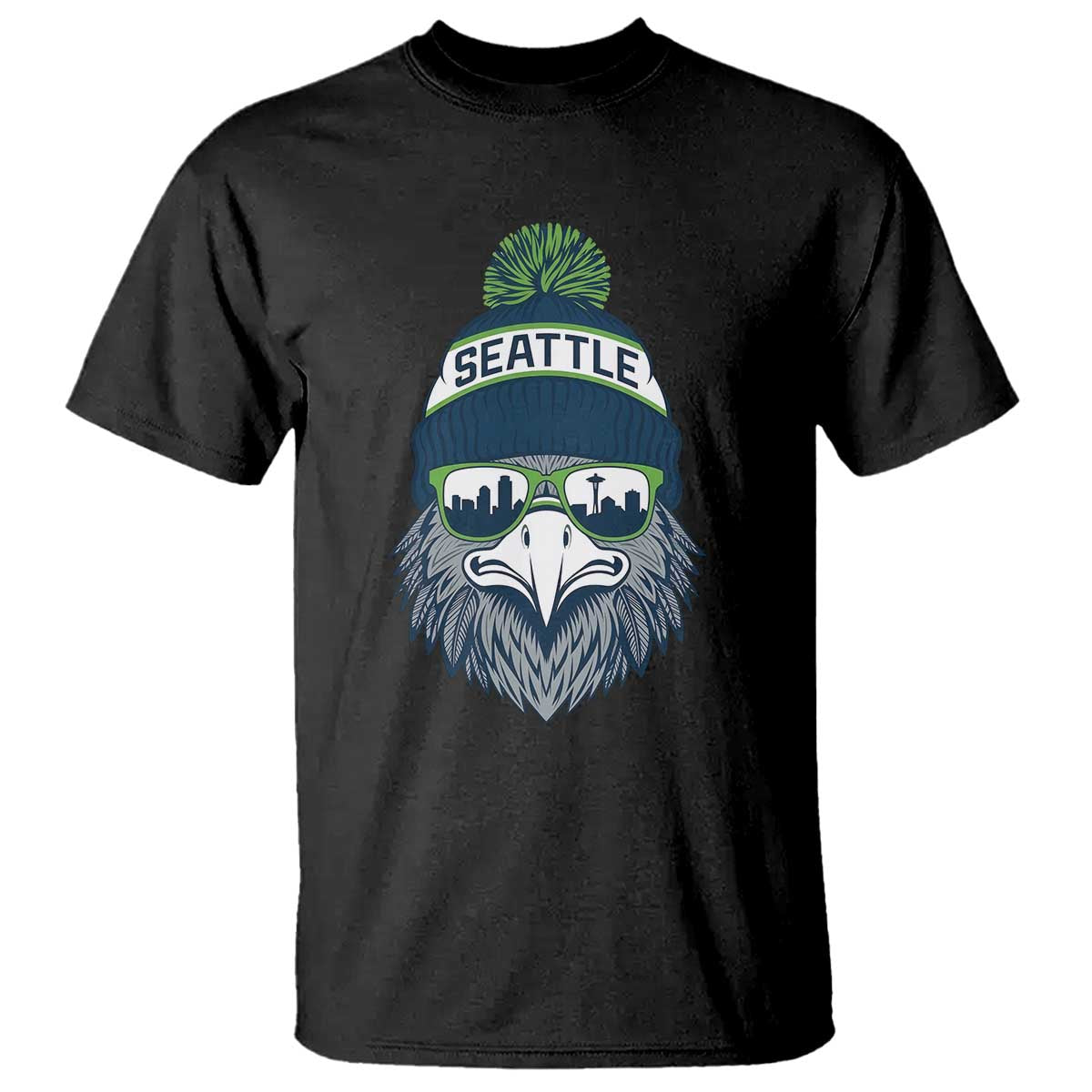 Cool Hawk with Beanie Sunglasses Sports Graphic T Shirt Seattle City Skyline Pride Game Day Sports Fan