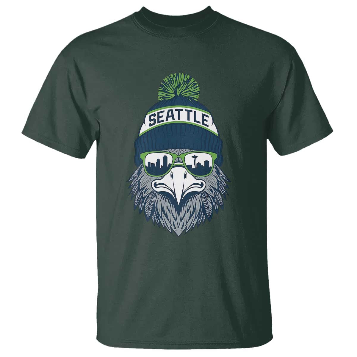 Cool Hawk with Beanie Sunglasses Sports Graphic T Shirt Seattle City Skyline Pride Game Day Sports Fan