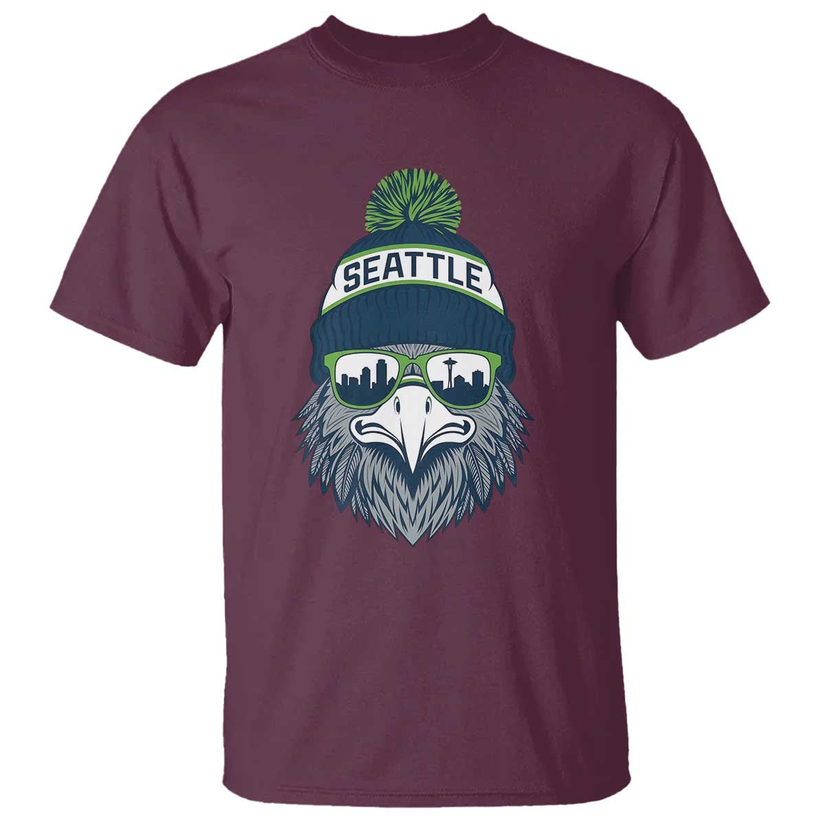 Cool Hawk with Beanie Sunglasses Sports Graphic T Shirt Seattle City Skyline Pride Game Day Sports Fan