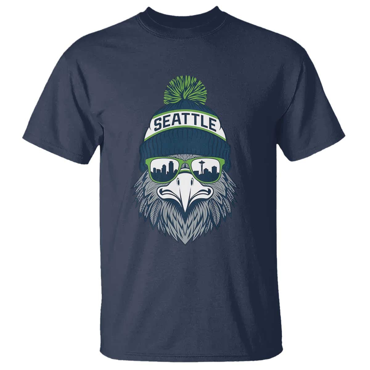 Cool Hawk with Beanie Sunglasses Sports Graphic T Shirt Seattle City Skyline Pride Game Day Sports Fan
