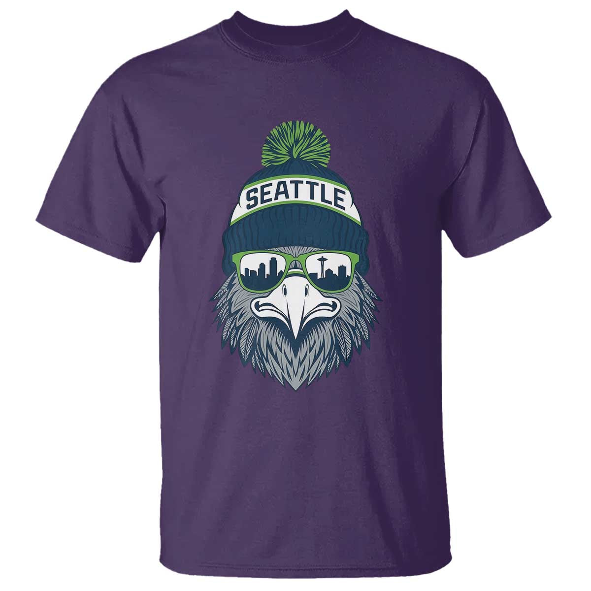 Cool Hawk with Beanie Sunglasses Sports Graphic T Shirt Seattle City Skyline Pride Game Day Sports Fan
