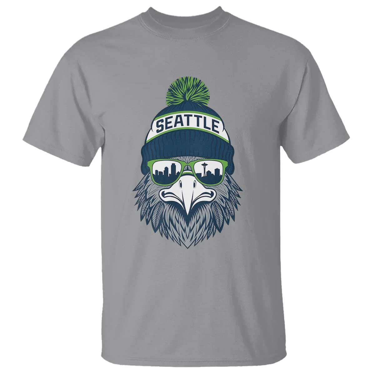 Cool Hawk with Beanie Sunglasses Sports Graphic T Shirt Seattle City Skyline Pride Game Day Sports Fan