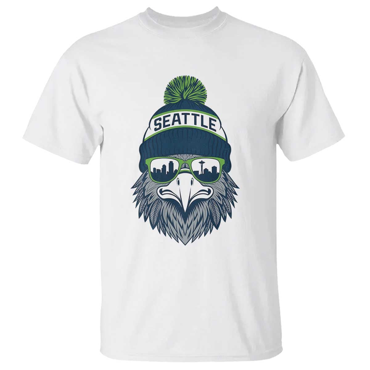 Cool Hawk with Beanie Sunglasses Sports Graphic T Shirt Seattle City Skyline Pride Game Day Sports Fan