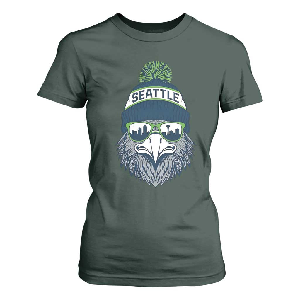 Cool Hawk with Beanie Sunglasses Sports Graphic T Shirt For Women Seattle City Skyline Pride Game Day Sports Fan