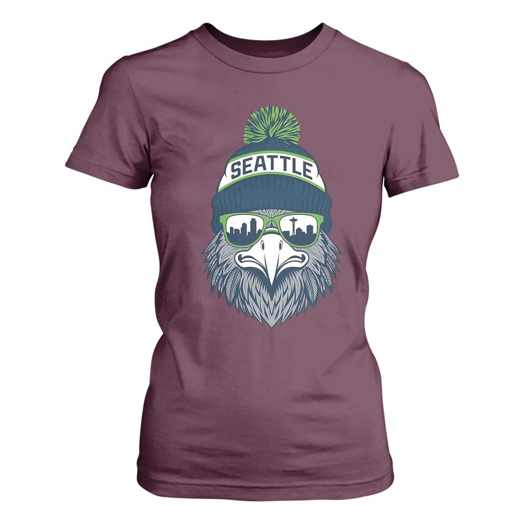 Cool Hawk with Beanie Sunglasses Sports Graphic T Shirt For Women Seattle City Skyline Pride Game Day Sports Fan