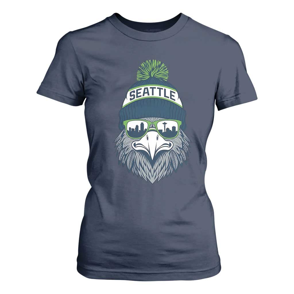 Cool Hawk with Beanie Sunglasses Sports Graphic T Shirt For Women Seattle City Skyline Pride Game Day Sports Fan