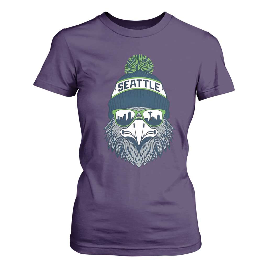 Cool Hawk with Beanie Sunglasses Sports Graphic T Shirt For Women Seattle City Skyline Pride Game Day Sports Fan