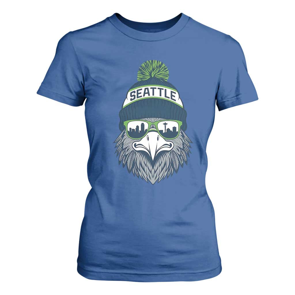 Cool Hawk with Beanie Sunglasses Sports Graphic T Shirt For Women Seattle City Skyline Pride Game Day Sports Fan