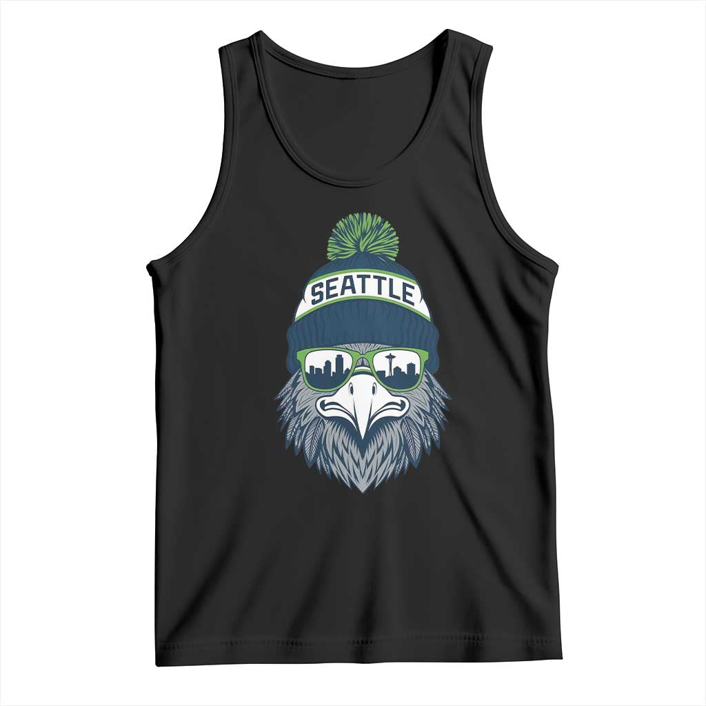 Cool Hawk with Beanie Sunglasses Sports Graphic Tank Top Seattle City Skyline Pride Game Day Sports Fan TS02 Black Print Your Wear