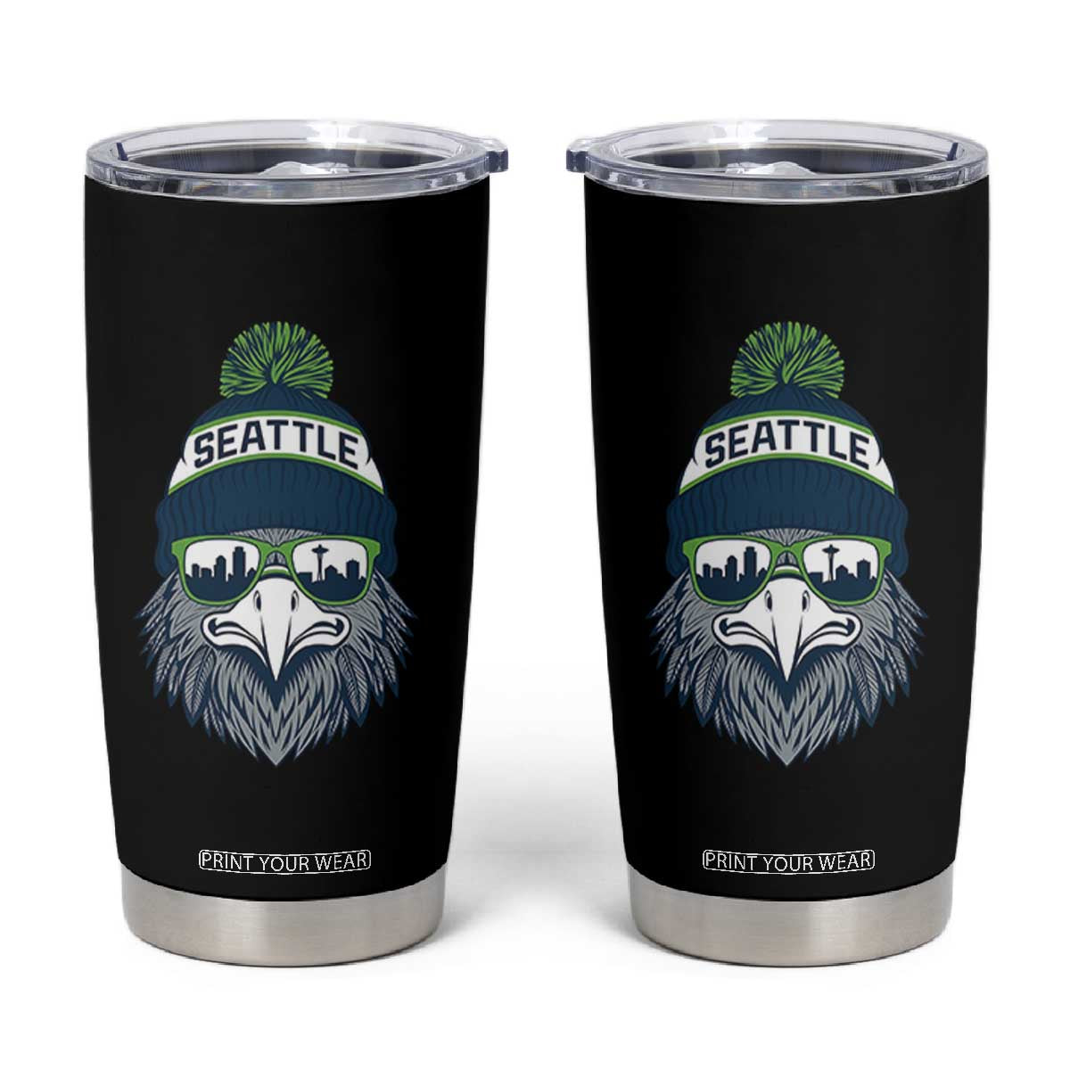 Cool Hawk with Beanie Sunglasses Sports Graphic Tumbler Cup Seattle City Skyline Pride Game Day Sports Fan TS02 Black Print Your Wear