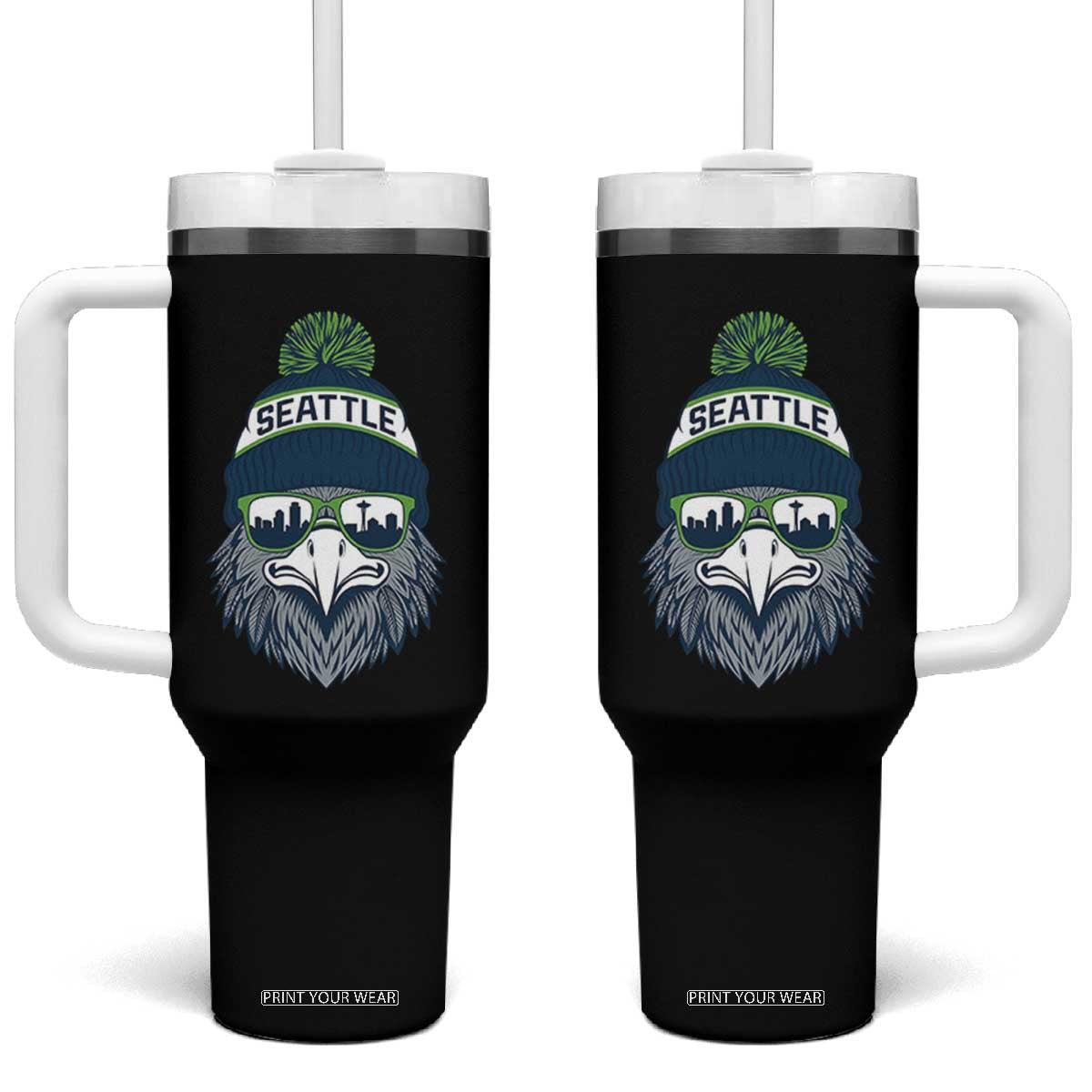 Cool Hawk with Beanie Sunglasses Sports Graphic Tumbler With Handle Seattle City Skyline Pride Game Day Sports Fan