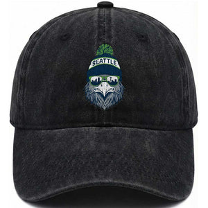 Cool Hawk with Beanie Sunglasses Sports Graphic Washed Cotton Baseball Cap Seattle City Skyline Pride Game Day Sports Fan