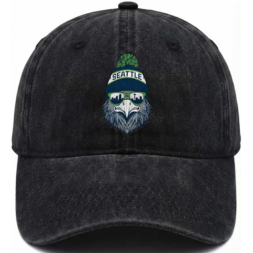 Cool Hawk with Beanie Sunglasses Sports Graphic Washed Cotton Baseball Cap Seattle City Skyline Pride Game Day Sports Fan TS02 Print Your Wear