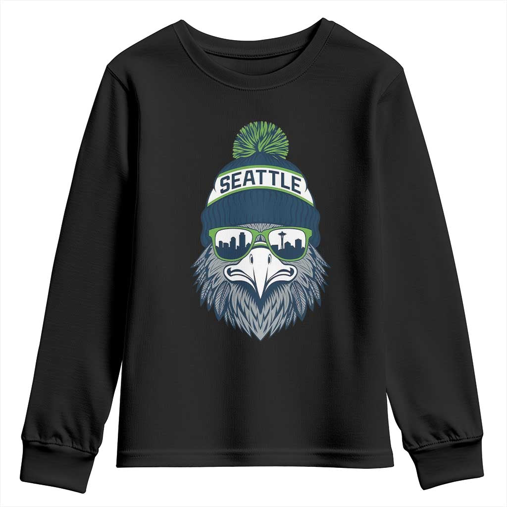 Cool Hawk with Beanie Sunglasses Sports Graphic Youth Sweatshirt Seattle City Skyline Pride Game Day Sports Fan TS02 Black Print Your Wear