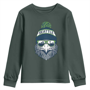 Cool Hawk with Beanie Sunglasses Sports Graphic Youth Sweatshirt Seattle City Skyline Pride Game Day Sports Fan