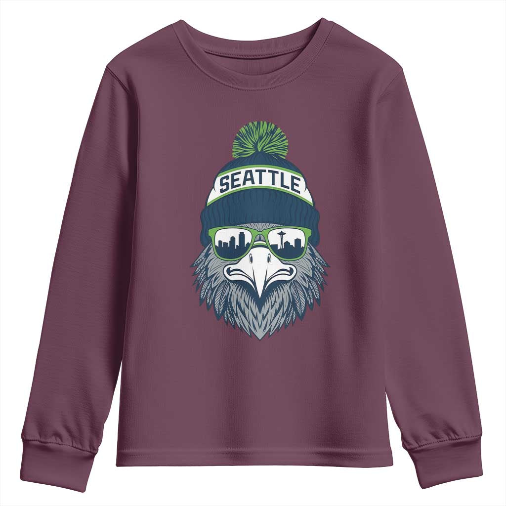 Cool Hawk with Beanie Sunglasses Sports Graphic Youth Sweatshirt Seattle City Skyline Pride Game Day Sports Fan
