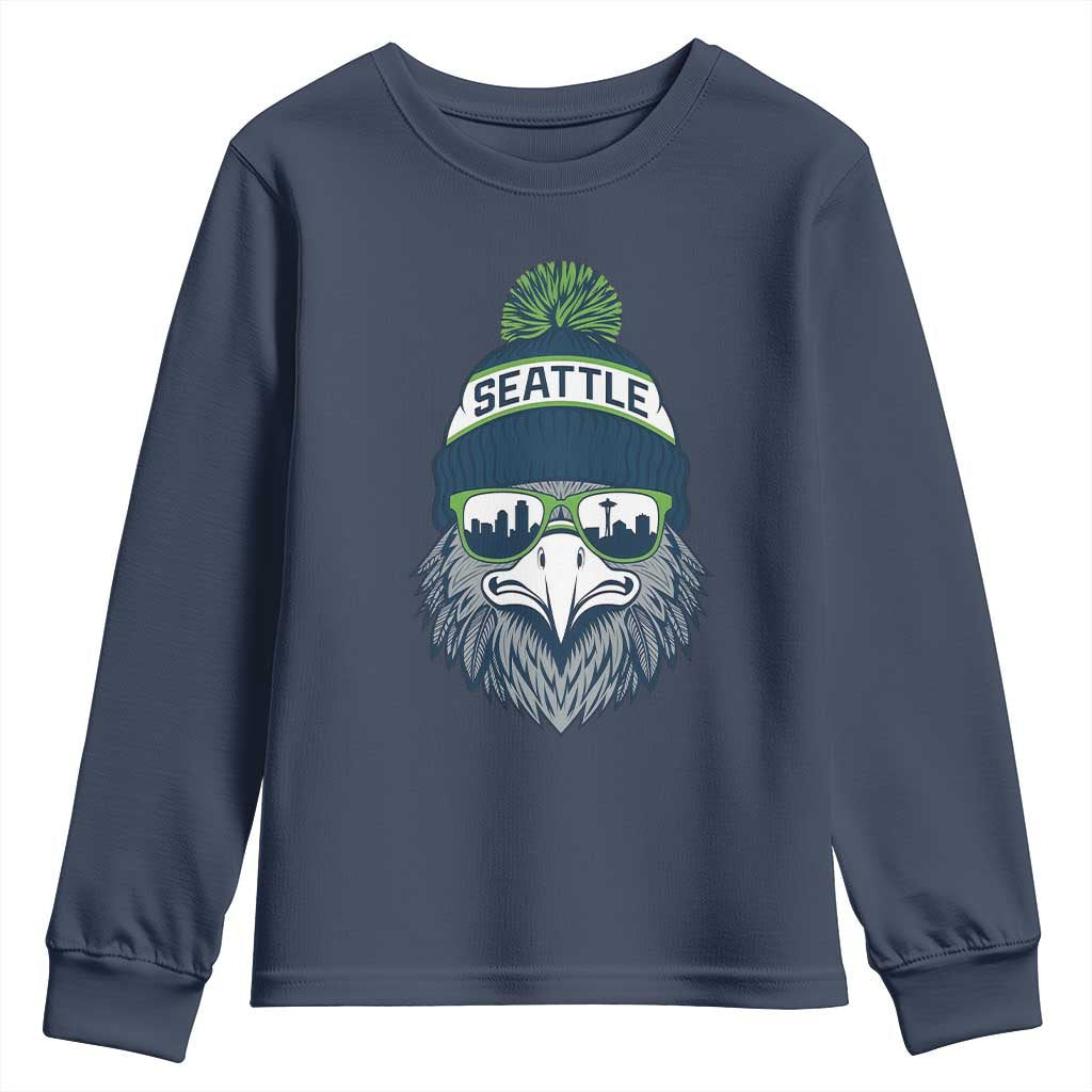 Cool Hawk with Beanie Sunglasses Sports Graphic Youth Sweatshirt Seattle City Skyline Pride Game Day Sports Fan
