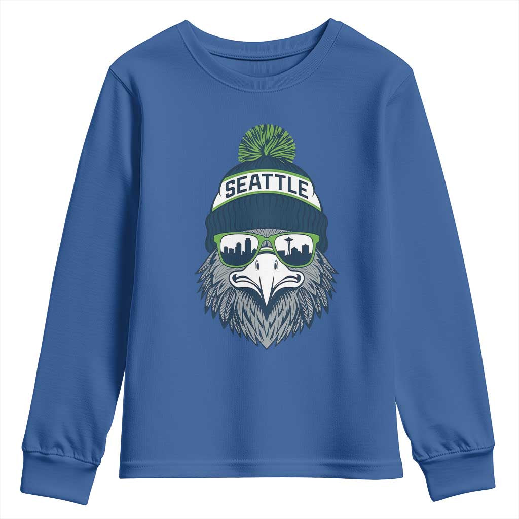 Cool Hawk with Beanie Sunglasses Sports Graphic Youth Sweatshirt Seattle City Skyline Pride Game Day Sports Fan