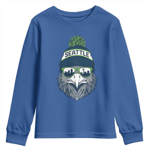 Cool Hawk with Beanie Sunglasses Sports Graphic Youth Sweatshirt Seattle City Skyline Pride Game Day Sports Fan