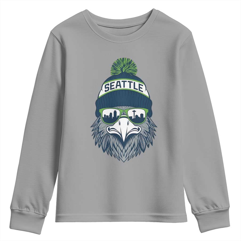 Cool Hawk with Beanie Sunglasses Sports Graphic Youth Sweatshirt Seattle City Skyline Pride Game Day Sports Fan
