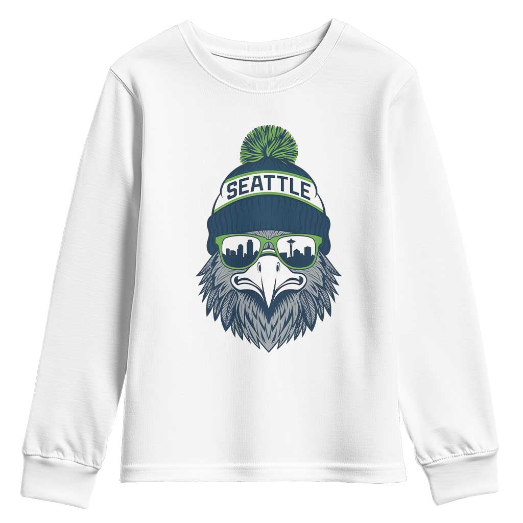 Cool Hawk with Beanie Sunglasses Sports Graphic Youth Sweatshirt Seattle City Skyline Pride Game Day Sports Fan