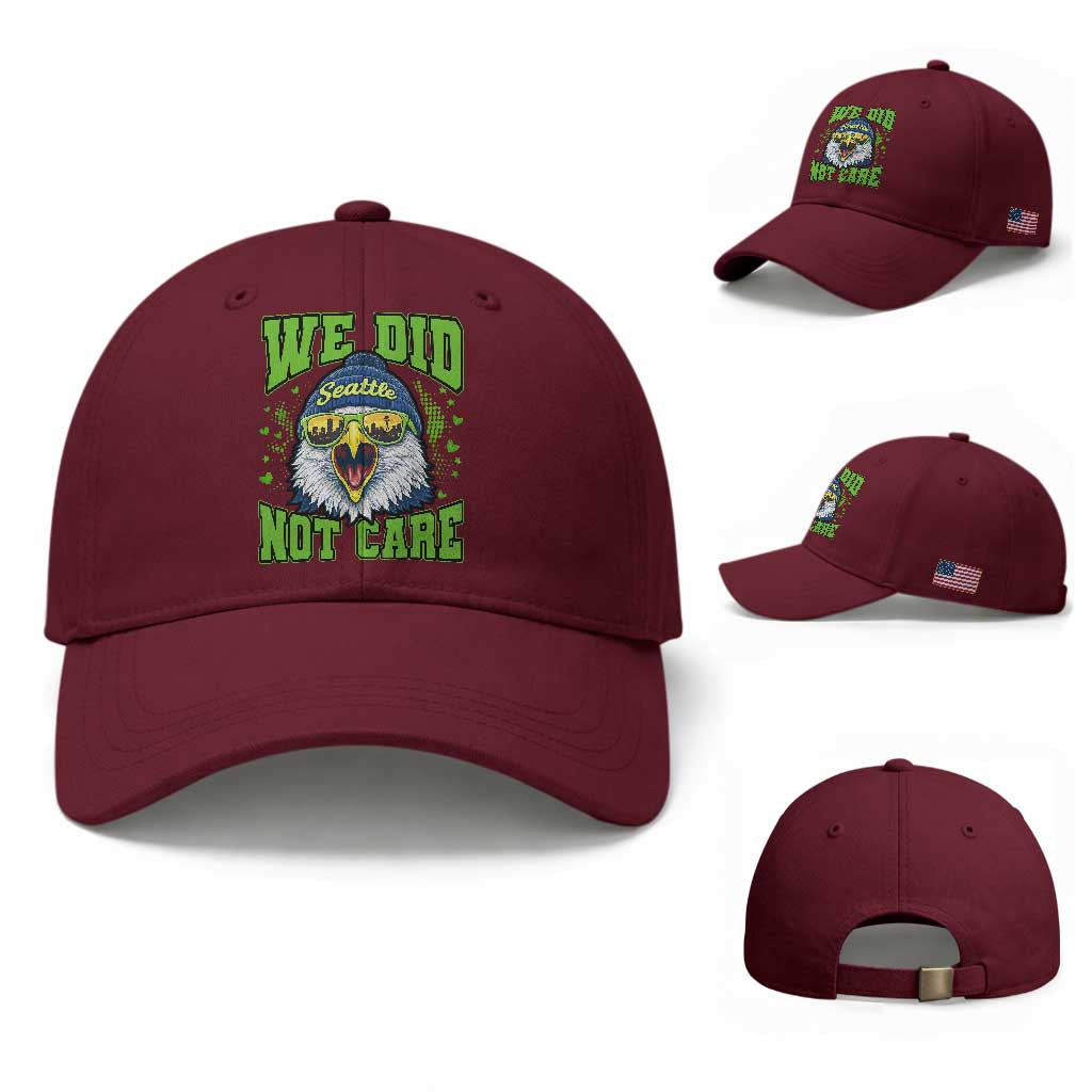 We Did Not Care Seattle Game Day Baseball Cap Bold Sarcastic Hawk City Skyline Sports Fan