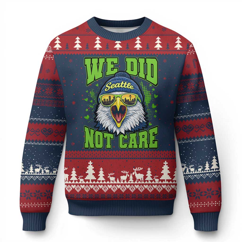 We Did Not Care Seattle Game Day Ugly Christmas Sweater Bold Sarcastic Hawk City Skyline Sports Fan