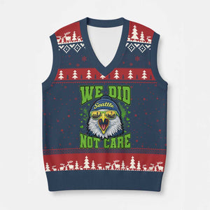 We Did Not Care Seattle Game Day V-Neck Knit Sweater Vest Bold Sarcastic Hawk City Skyline Sports Fan