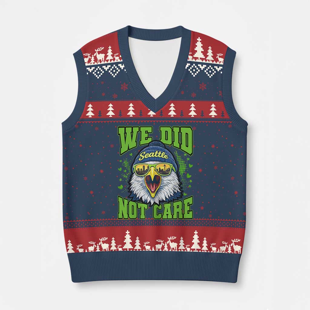 We Did Not Care Seattle Game Day V-Neck Knit Sweater Vest Bold Sarcastic Hawk City Skyline Sports Fan TS02 Navy Red Print Your Wear