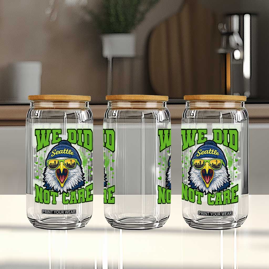 We Did Not Care Seattle Game Day Glass Can Bold Sarcastic Hawk City Skyline Sports Fan
