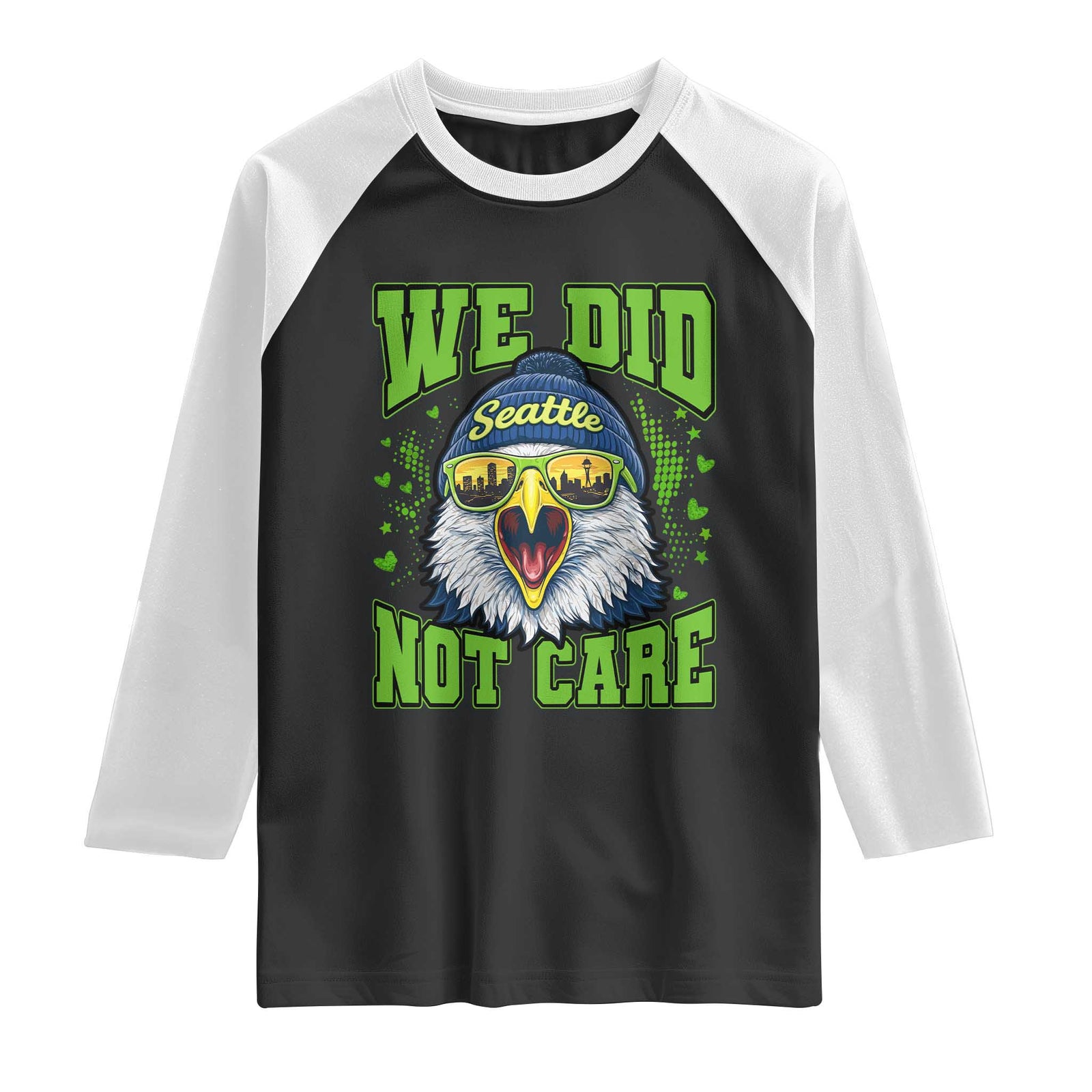 We Did Not Care Seattle Game Day Raglan Shirt Bold Sarcastic Hawk City Skyline Sports Fan TS02 Black White Print Your Wear