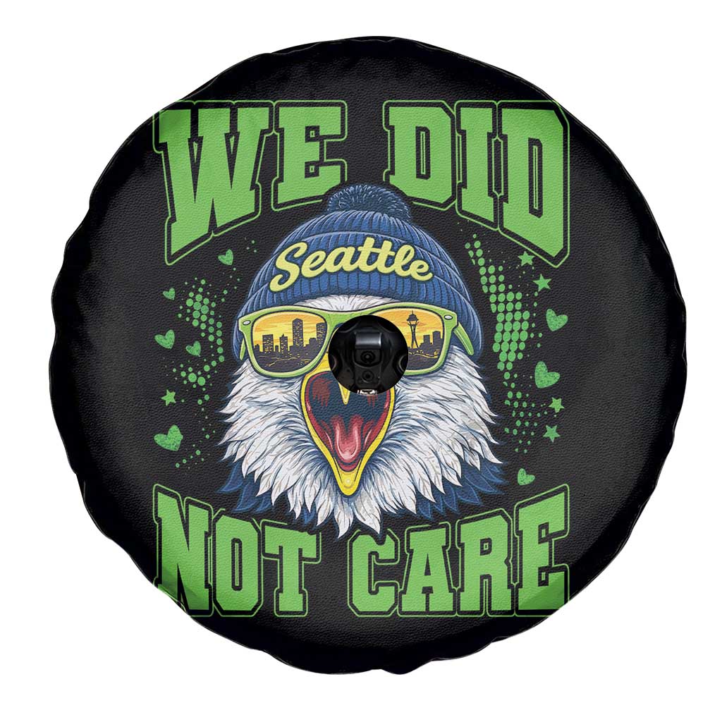 We Did Not Care Seattle Game Day Spare Tire Cover Bold Sarcastic Hawk City Skyline Sports Fan