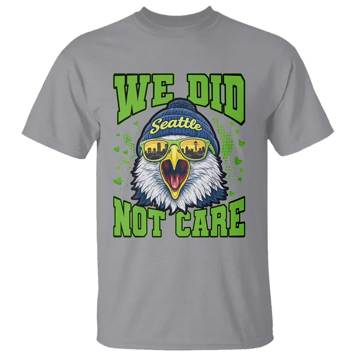 We Did Not Care Seattle Game Day T Shirt Bold Sarcastic Hawk City Skyline Sports Fan