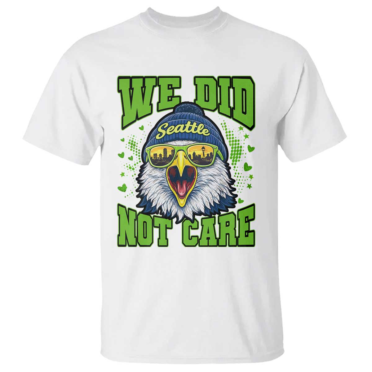 We Did Not Care Seattle Game Day T Shirt Bold Sarcastic Hawk City Skyline Sports Fan