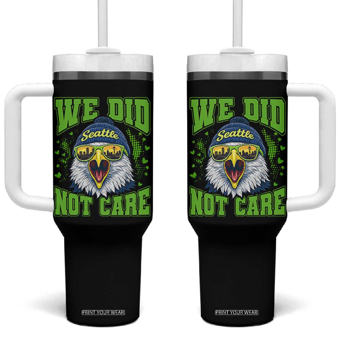 We Did Not Care Seattle Game Day Tumbler With Handle Bold Sarcastic Hawk City Skyline Sports Fan