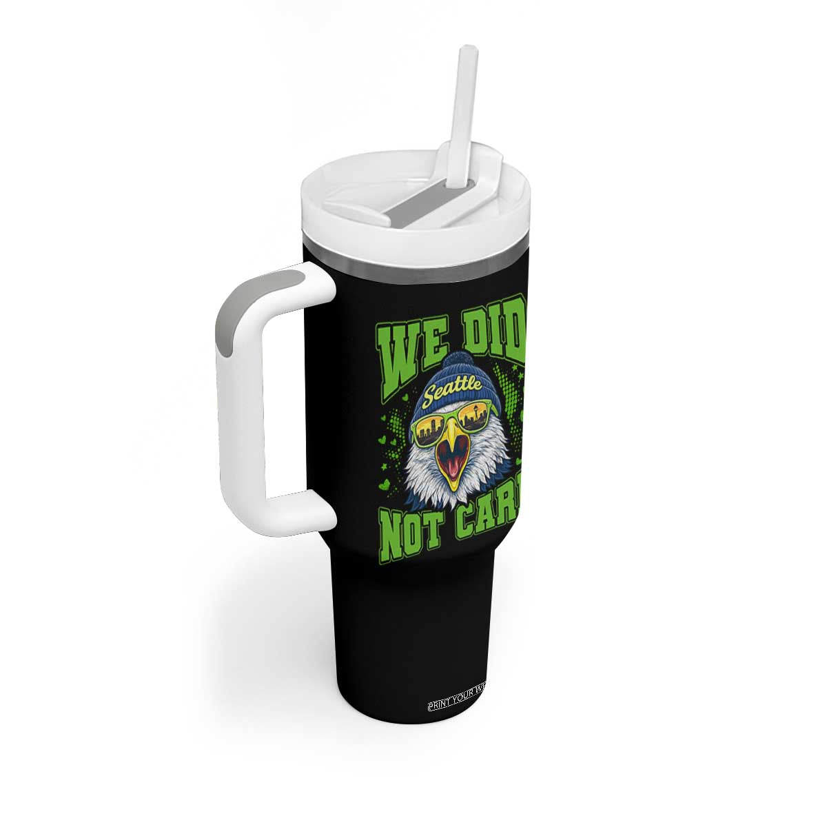 We Did Not Care Seattle Game Day Tumbler With Handle Bold Sarcastic Hawk City Skyline Sports Fan